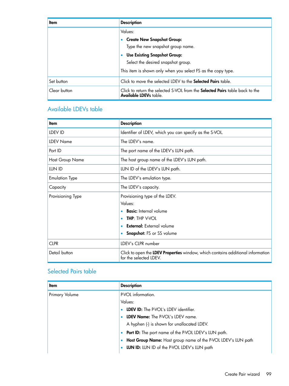 Available ldevs table, Selected pairs table | HP XP P9500 Storage User Manual | Page 99 / 116