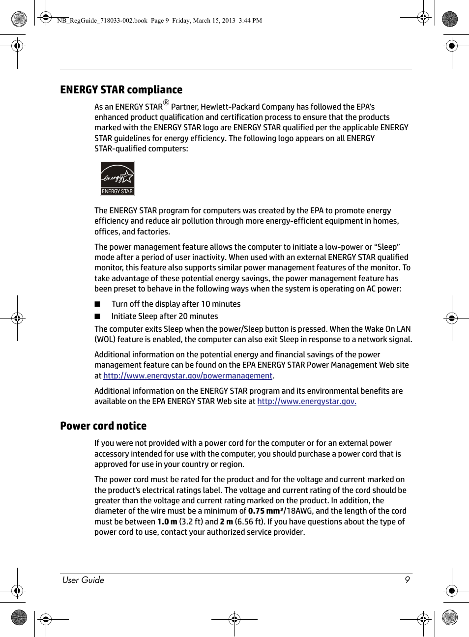Energy star compliance, Power cord notice | HP Chromebox CB1-016 PC User Manual | Page 11 / 28