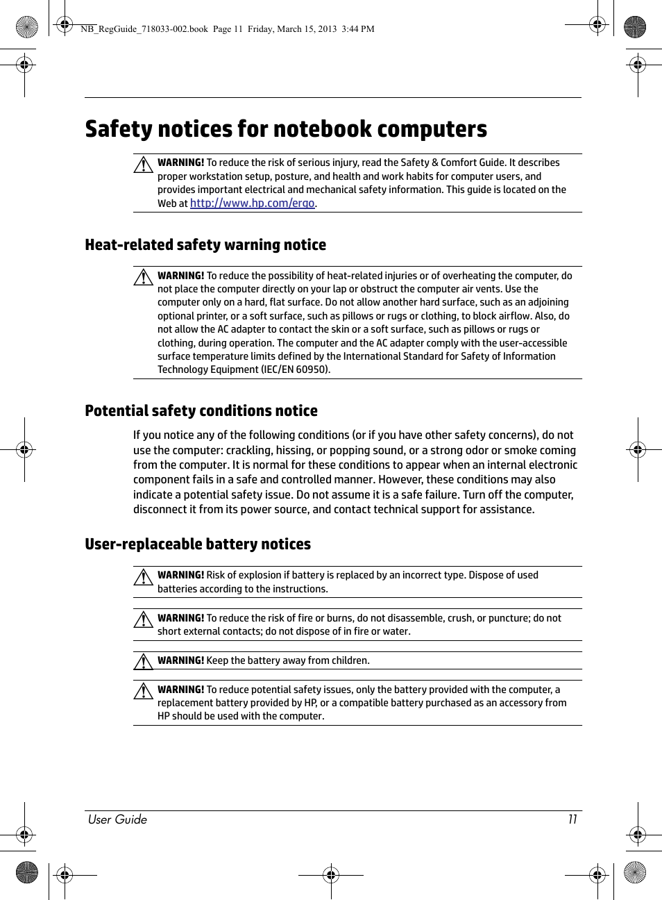 Safety notices for notebook computers, Heat-related safety warning notice, Potential safety conditions notice | User-replaceable battery notices | HP Chromebox CB1-016 PC User Manual | Page 13 / 28