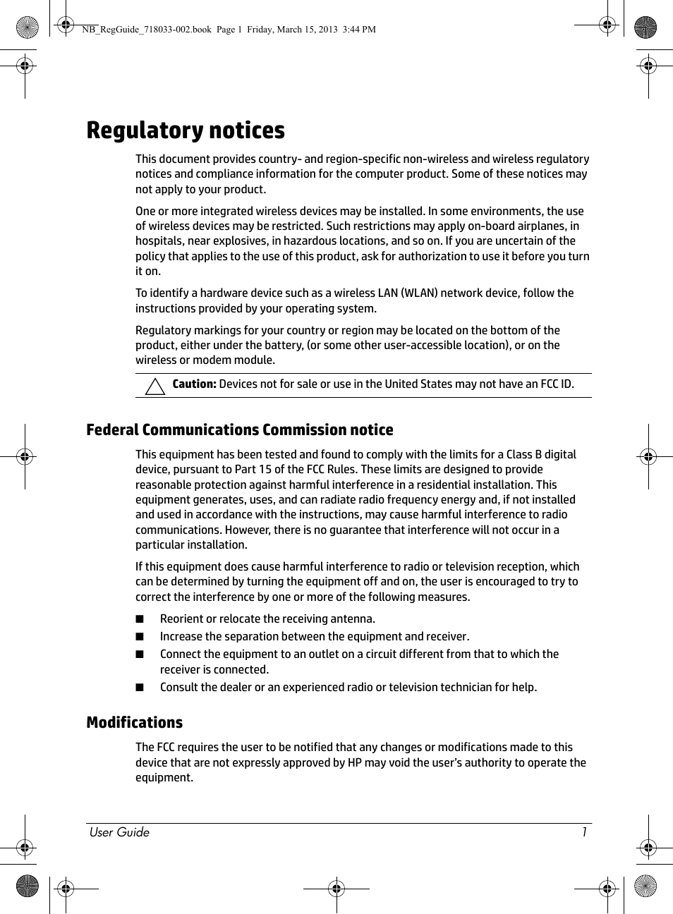 Regulatory notices, Federal communications commission notice, Modifications | HP Chromebox CB1-016 PC User Manual | Page 3 / 28