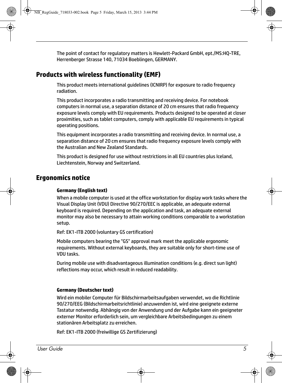 Products with wireless functionality (emf), Ergonomics notice | HP Chromebox CB1-016 PC User Manual | Page 7 / 28