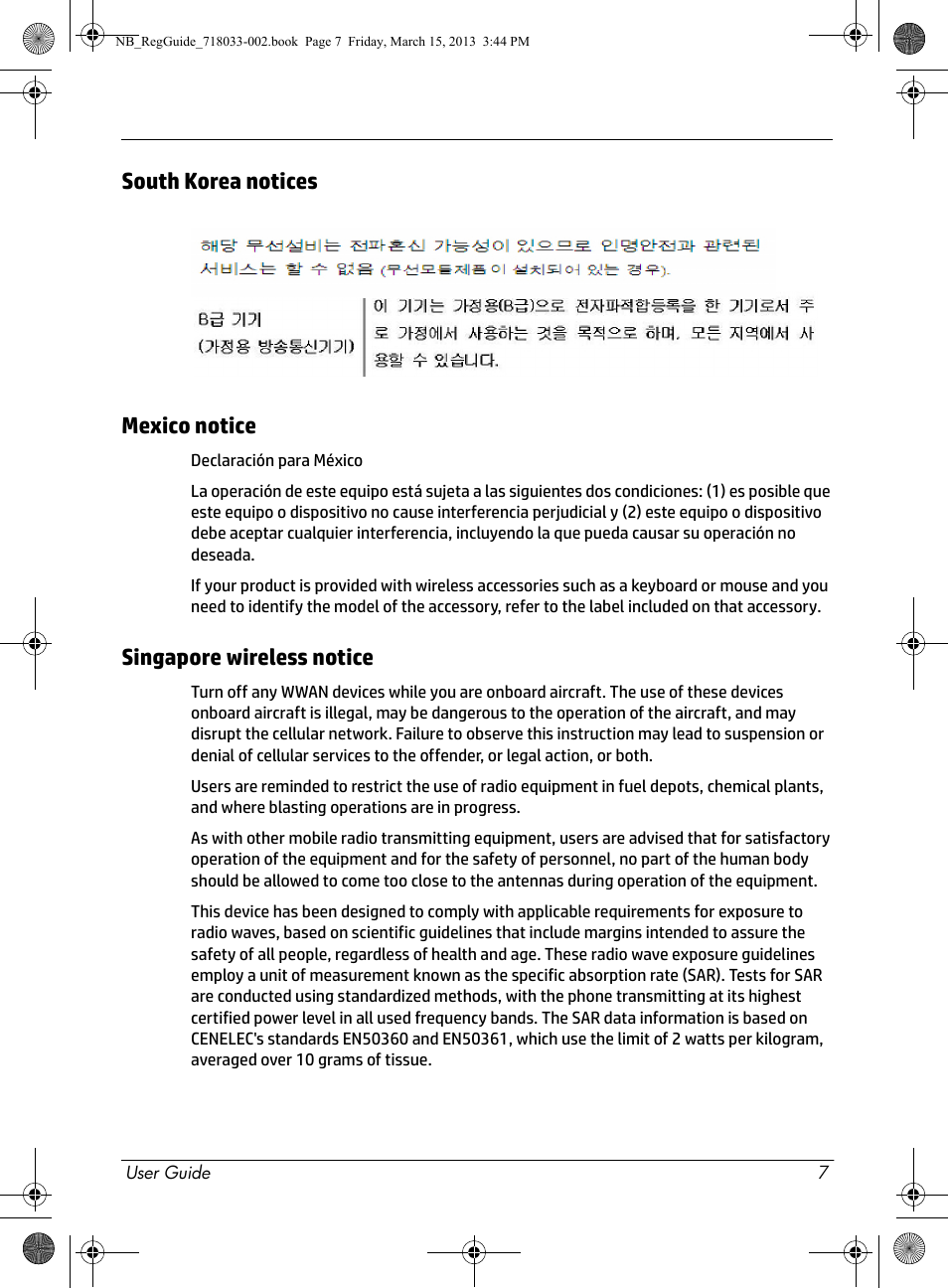 South korea notices, Mexico notice, Singapore wireless notice | South korea notices mexico notice | HP Chromebox CB1-016 PC User Manual | Page 9 / 28