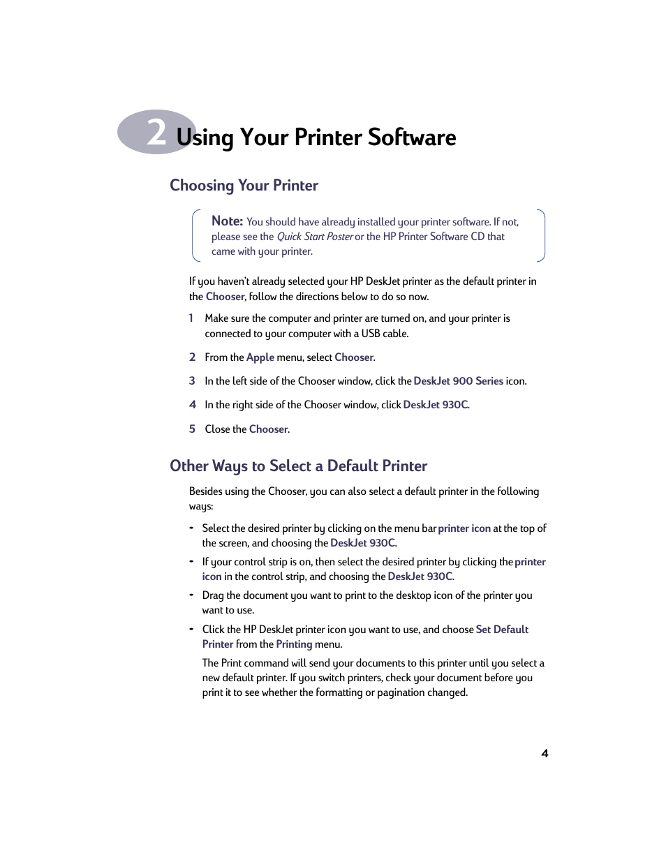 Using your printer software, Choosing your printer, Other ways to select a default printer | Chapter 2 using your printer software | HP Deskjet 932c Printer User Manual | Page 11 / 73