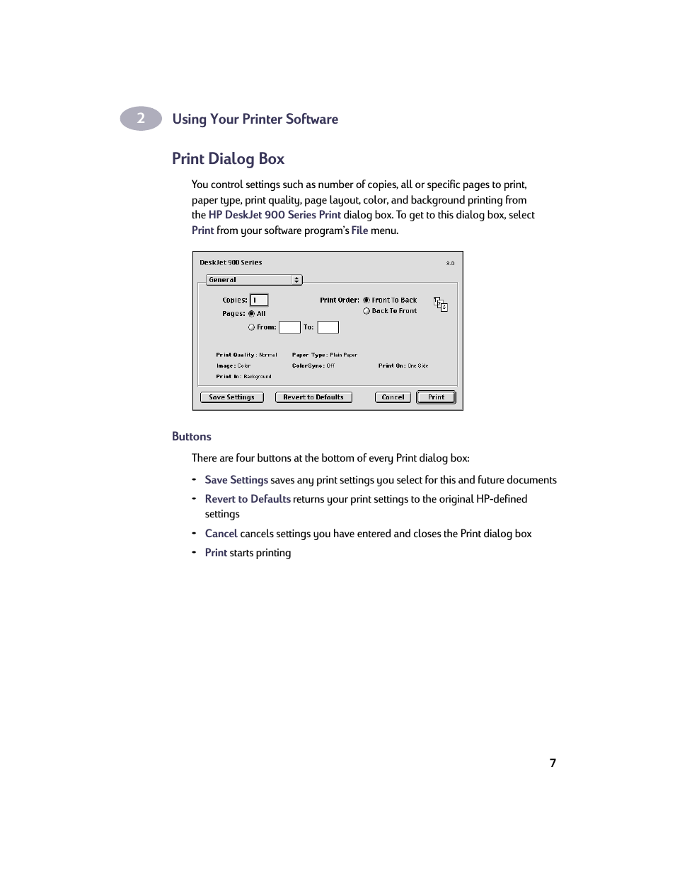 Print dialog box, Buttons | HP Deskjet 932c Printer User Manual | Page 14 / 73