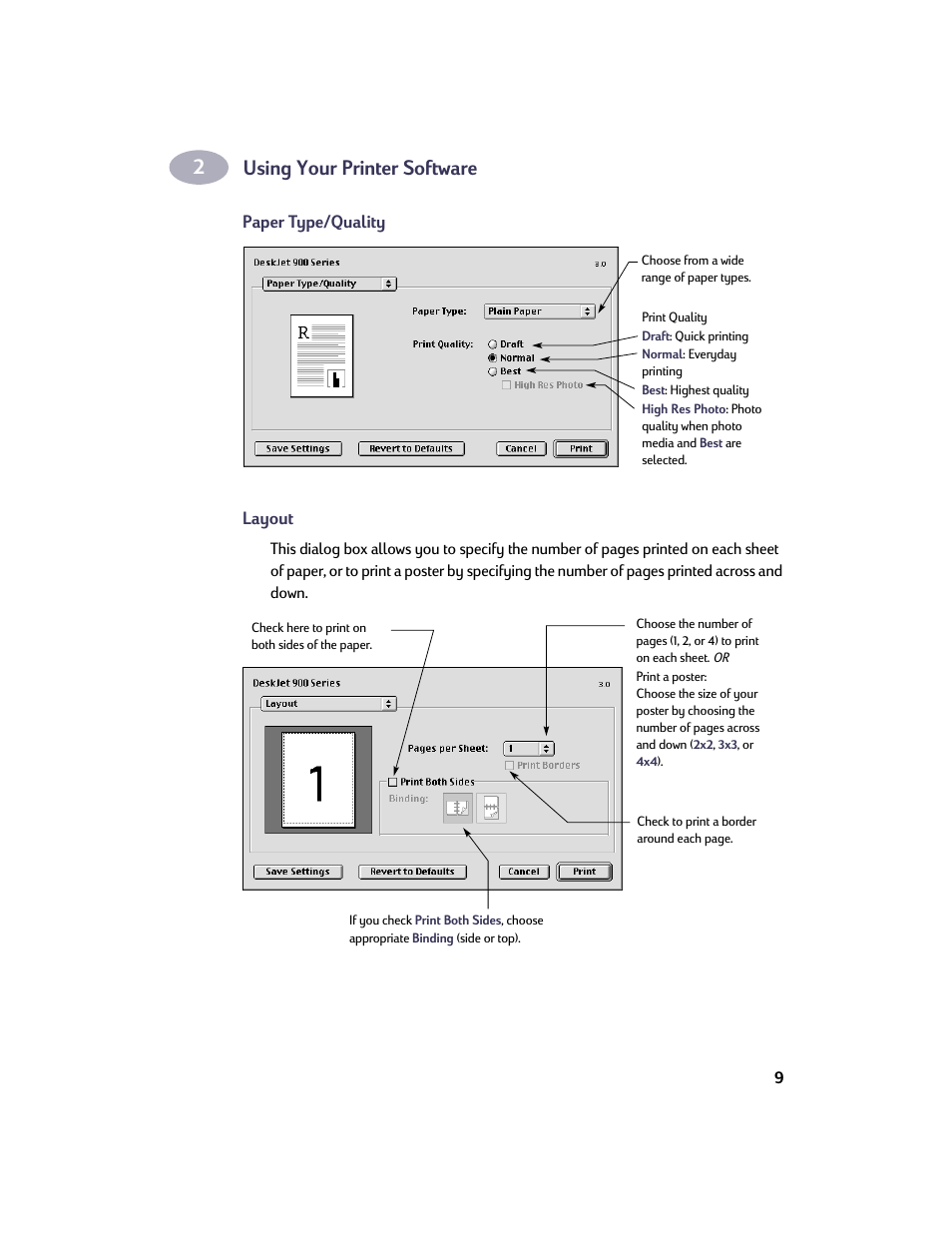 Paper type/quality, Layout, Using your printer software | HP Deskjet 932c Printer User Manual | Page 16 / 73