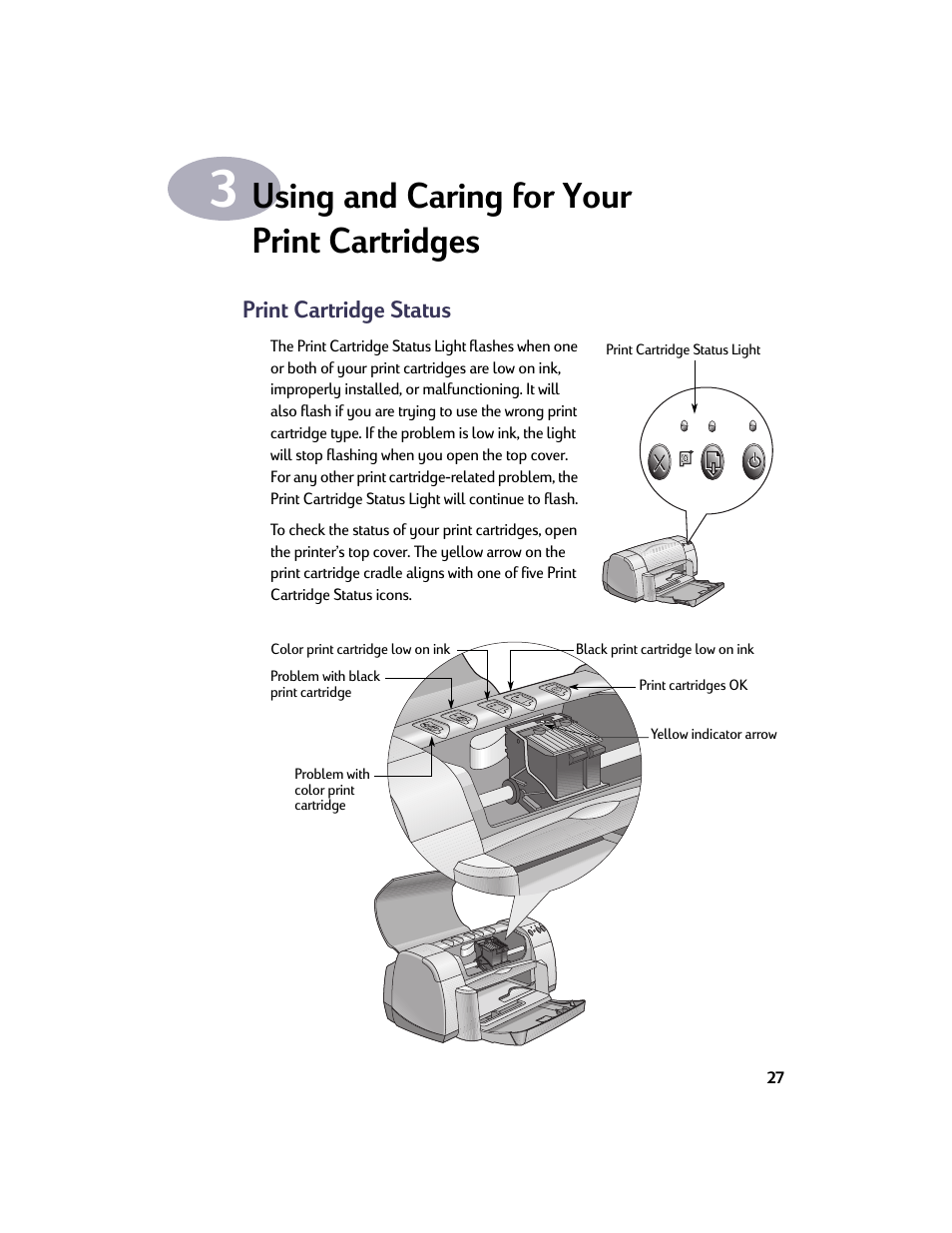 Using and caring for your print cartridges, Print cartridge status | HP Deskjet 932c Printer User Manual | Page 34 / 73