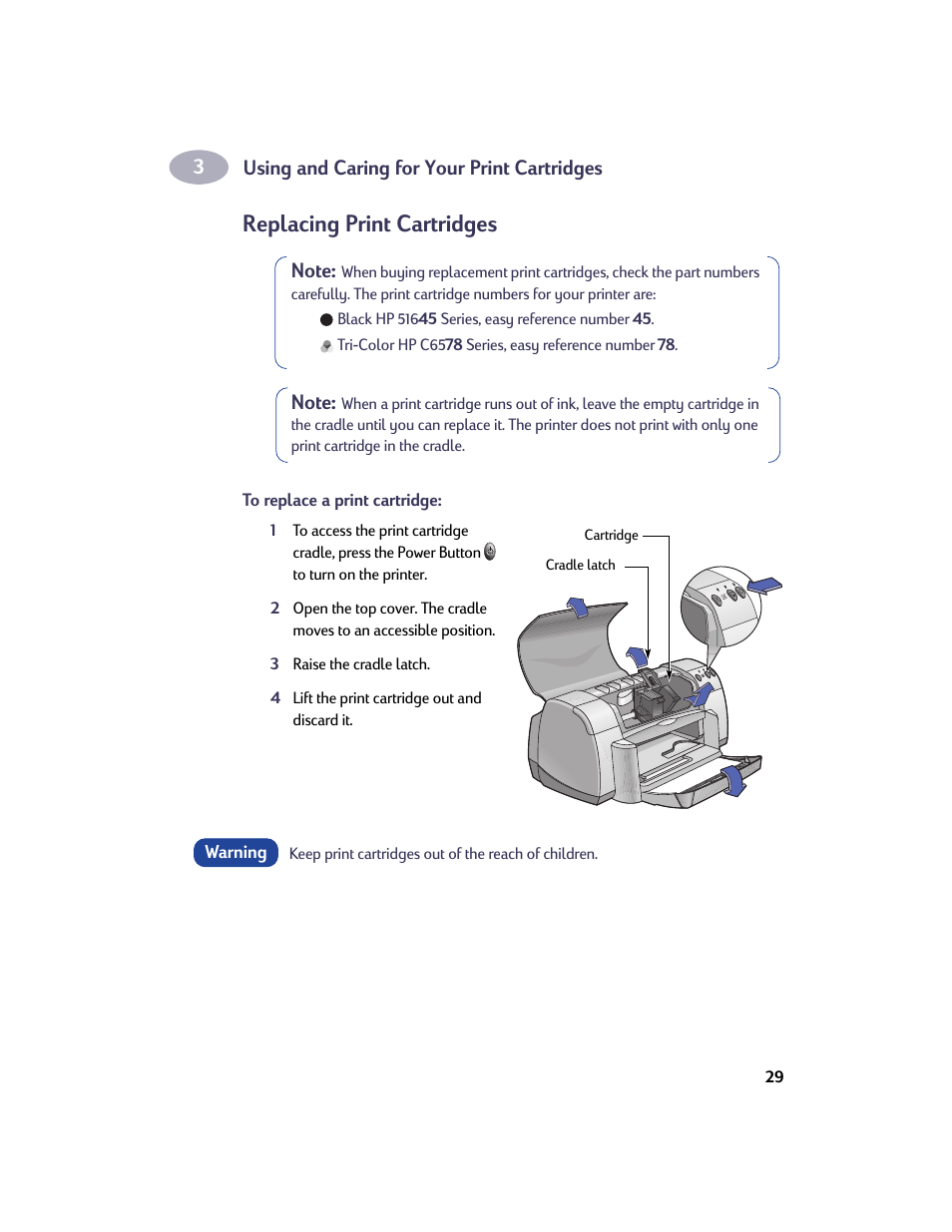 Replacing print cartridges, To replace a print cartridge | HP Deskjet 932c Printer User Manual | Page 36 / 73