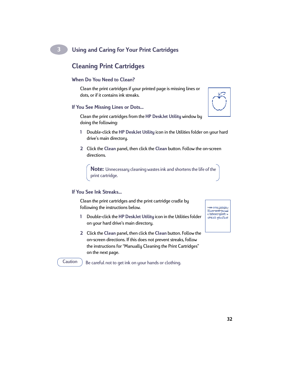 Cleaning print cartridges, When do you need to clean, If you see missing lines or dots | If you see ink streaks, Using and caring for your print cartridges | HP Deskjet 932c Printer User Manual | Page 39 / 73