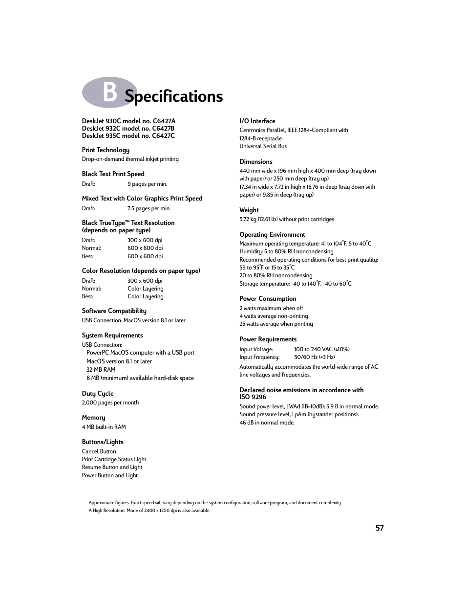 Specifications, Appendix b specifications | HP Deskjet 932c Printer User Manual | Page 64 / 73