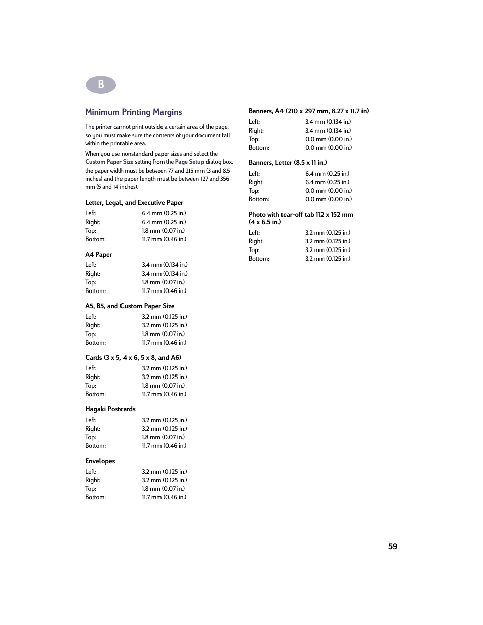 Minimum printing margins | HP Deskjet 932c Printer User Manual | Page 66 / 73