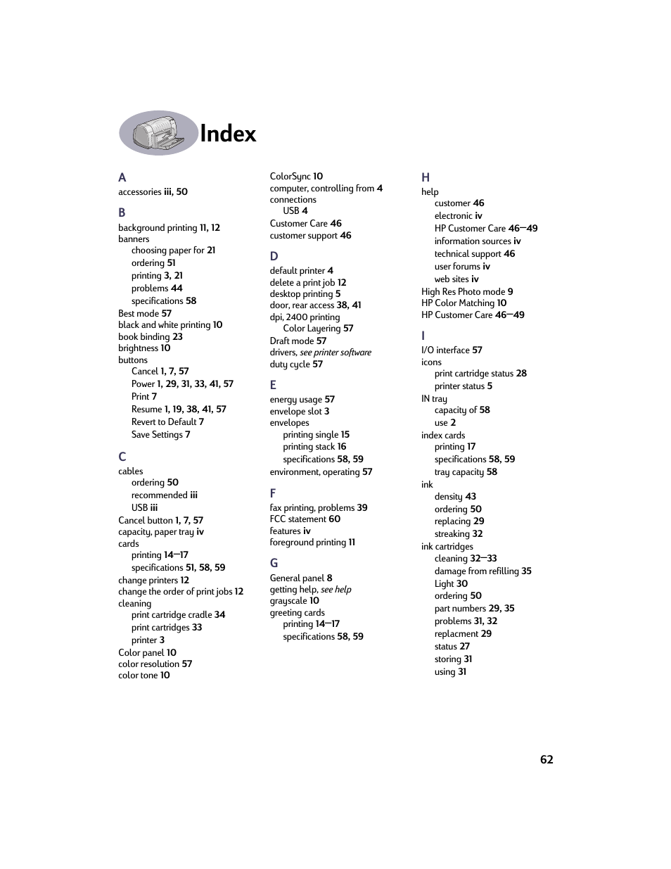 Index | HP Deskjet 932c Printer User Manual | Page 69 / 73