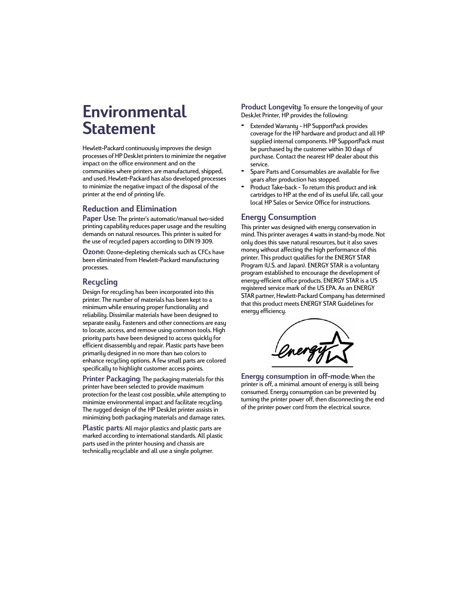 Environmental statement | HP Deskjet 932c Printer User Manual | Page 73 / 73