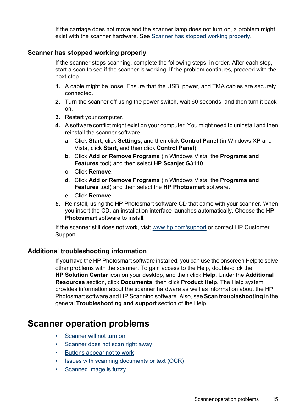Scanner has stopped working properly, Additional troubleshooting information, Scanner operation problems | HP Scanjet G3110 Photo Scanner User Manual | Page 17 / 30