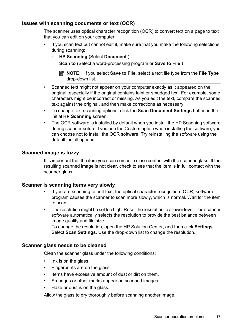 Issues with scanning documents or text (ocr), Scanned image is fuzzy, Scanner is scanning items very slowly | Scanner glass needs to be cleaned | HP Scanjet G3110 Photo Scanner User Manual | Page 19 / 30