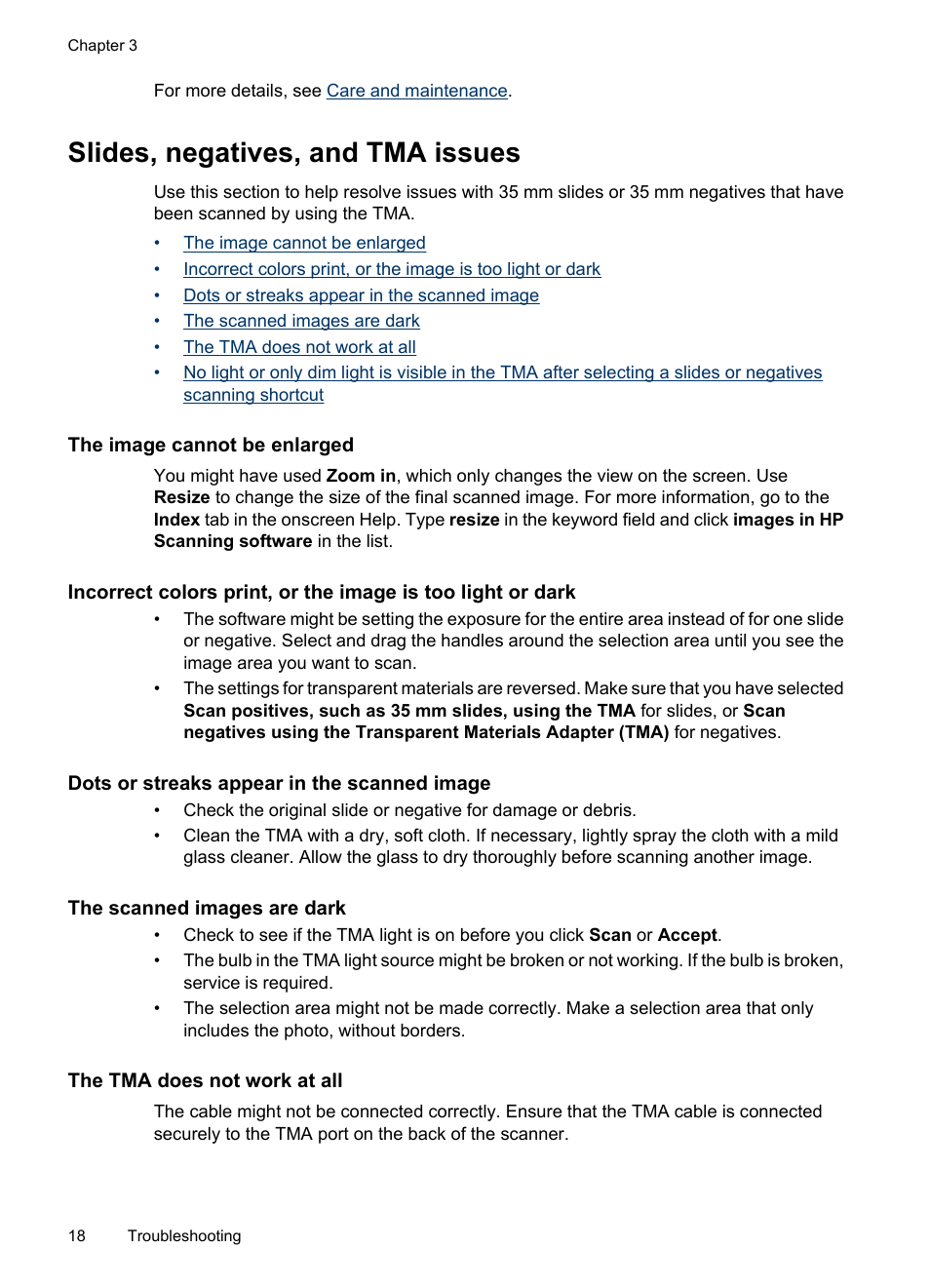 Slides, negatives, and tma issues, The image cannot be enlarged, Dots or streaks appear in the scanned image | The scanned images are dark, The tma does not work at all | HP Scanjet G3110 Photo Scanner User Manual | Page 20 / 30