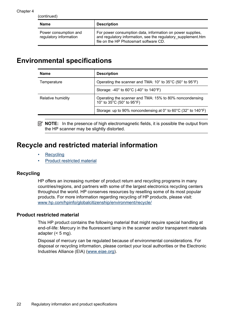 Environmental specifications, Recycle and restricted material information, Recycling | Product restricted material, Recycling product restricted material | HP Scanjet G3110 Photo Scanner User Manual | Page 24 / 30