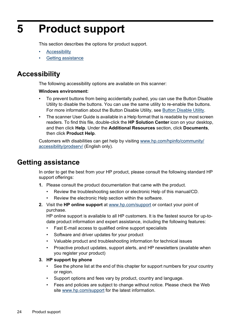 Product support, Accessibility, Getting assistance | 5 product support, Accessibility getting assistance, 5product support | HP Scanjet G3110 Photo Scanner User Manual | Page 26 / 30