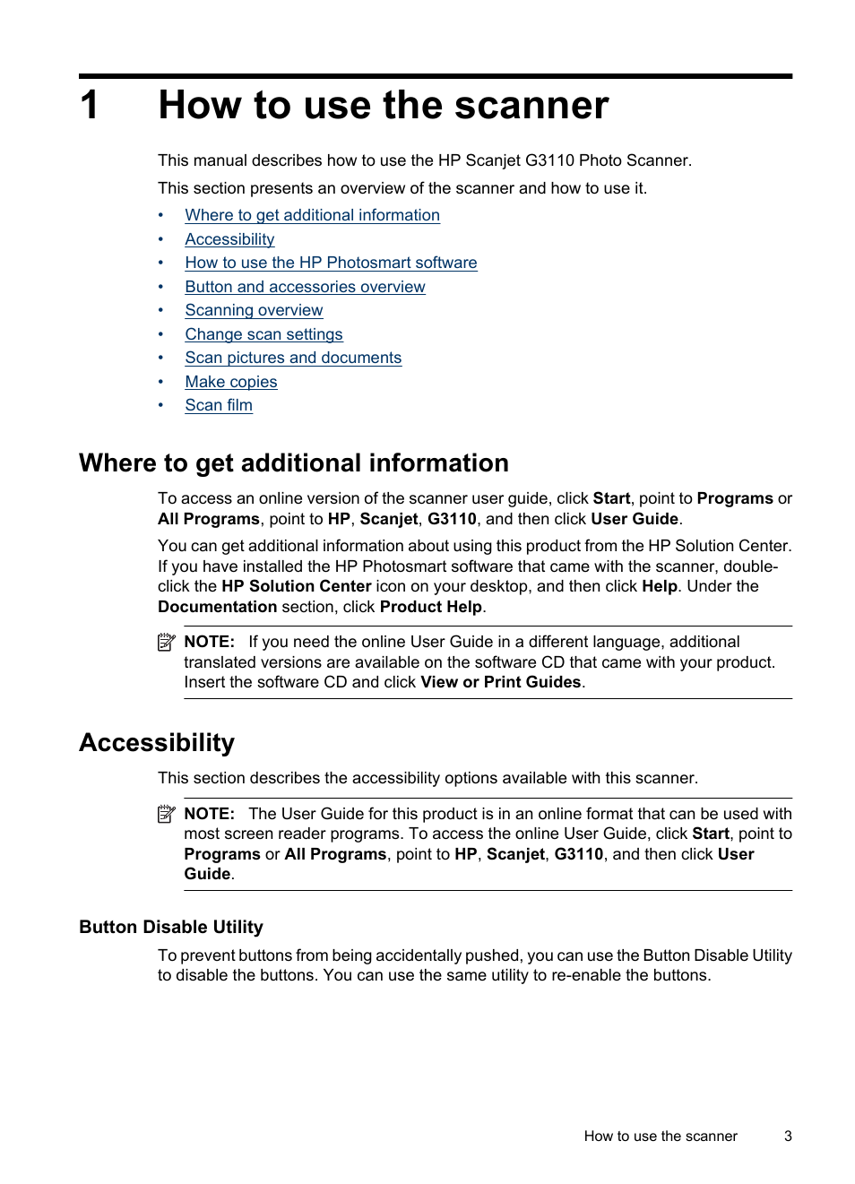 How to use the scanner, Where to get additional information, Accessibility | Button disable utility, 1 how to use the scanner, Where to get additional information accessibility, 1how to use the scanner | HP Scanjet G3110 Photo Scanner User Manual | Page 5 / 30