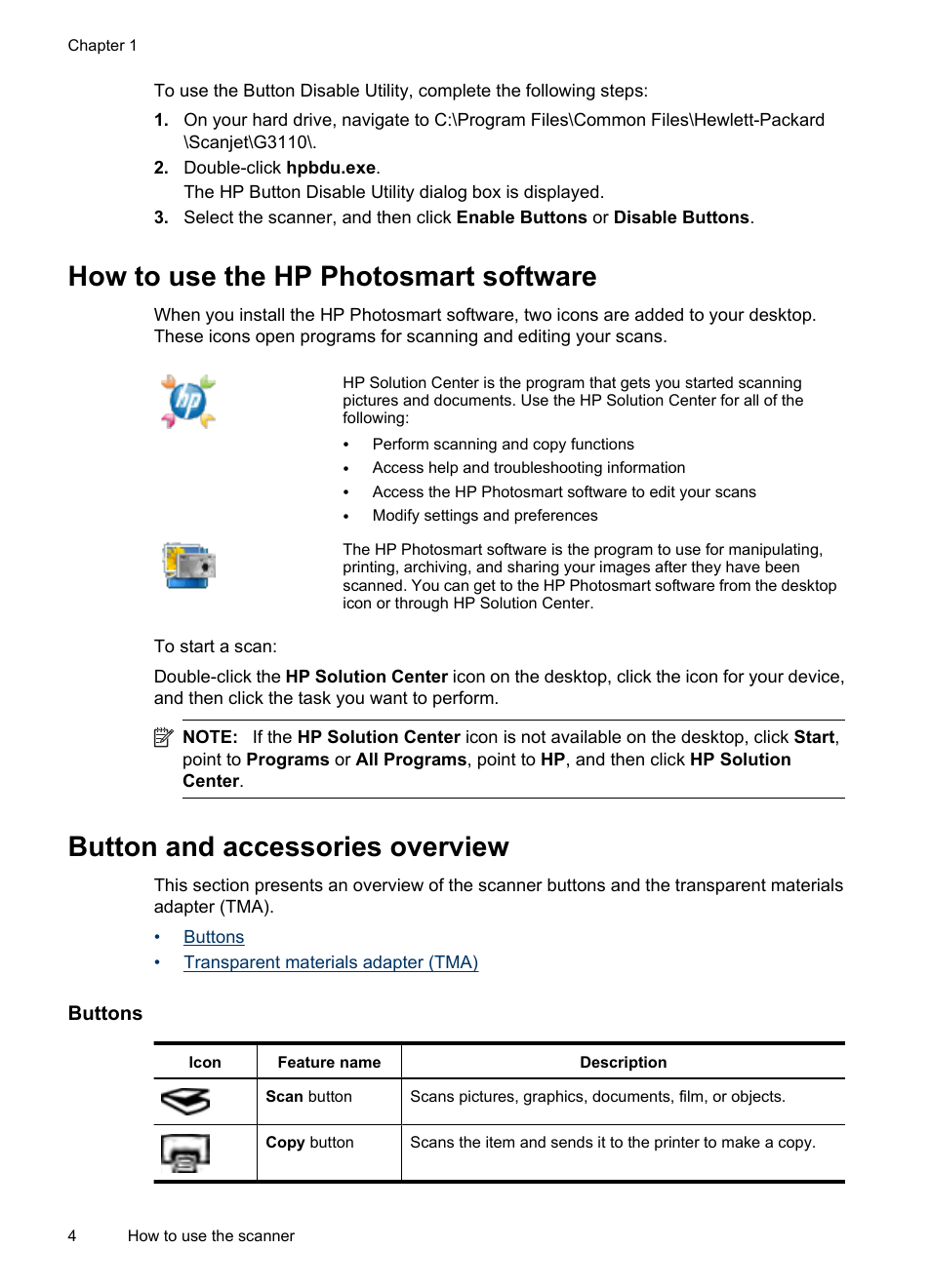 How to use the hp photosmart software, Button and accessories overview, Buttons | Buttons transparent materials adapter (tma) | HP Scanjet G3110 Photo Scanner User Manual | Page 6 / 30