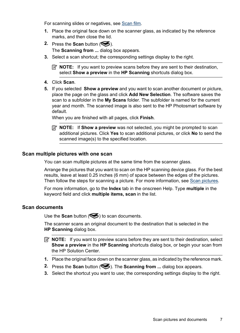 Scan multiple pictures with one scan, Scan documents | HP Scanjet G3110 Photo Scanner User Manual | Page 9 / 30