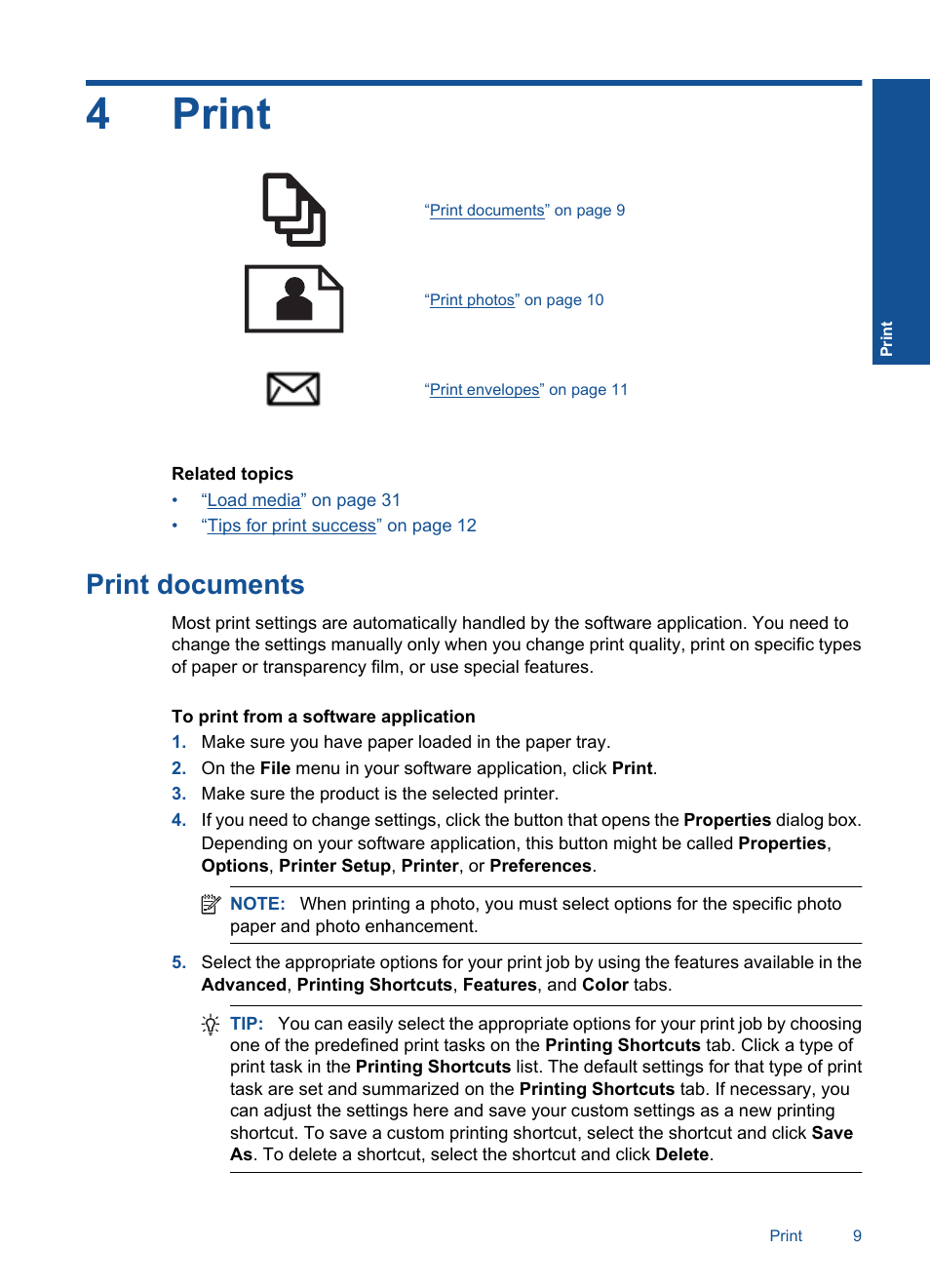 Print, 4 print, 4print | Print documents | HP Photosmart D110 User Manual | Page 12 / 52