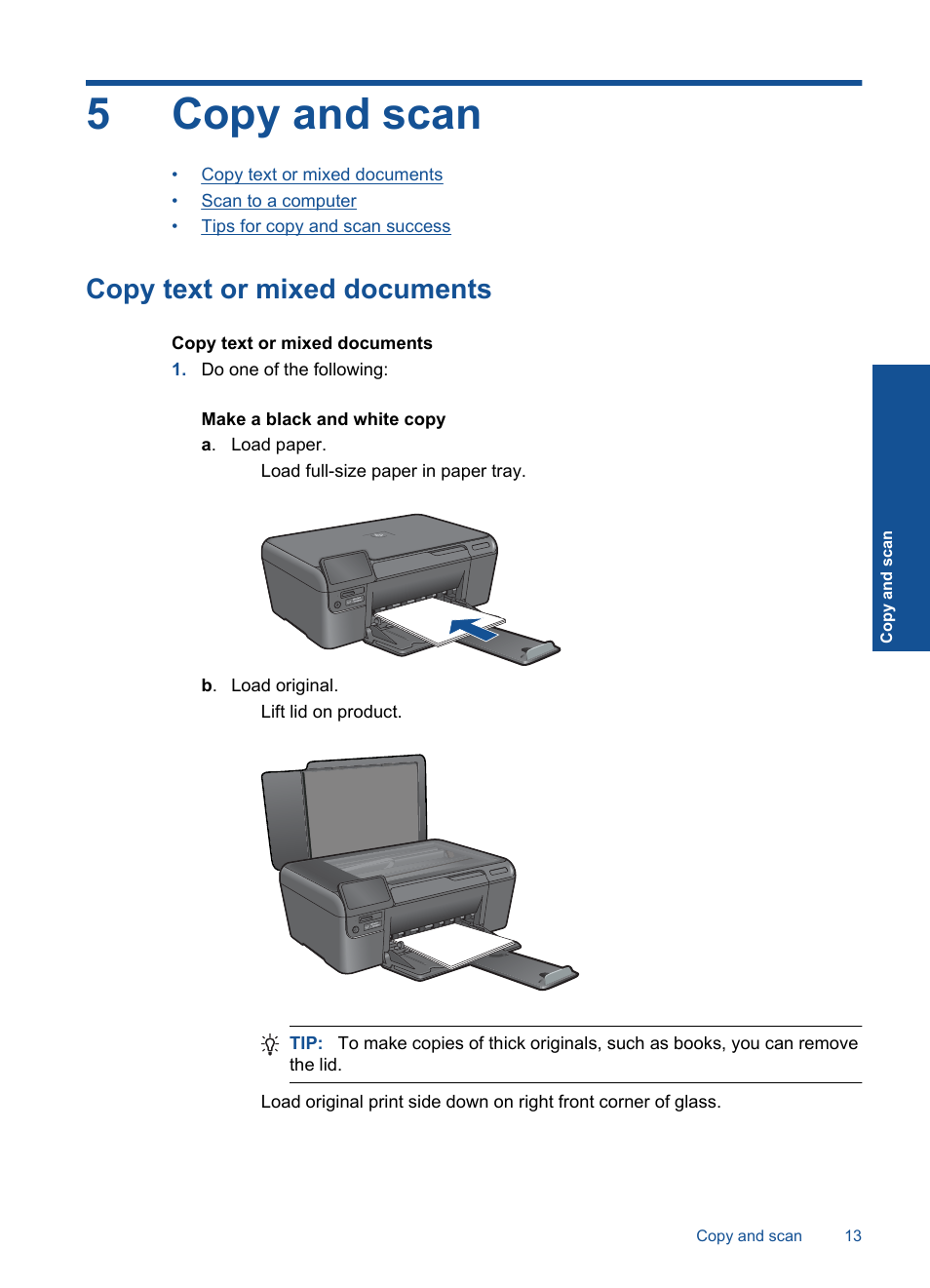 Copy and scan, Copy text or mixed documents, 5 copy and scan | 5copy and scan | HP Photosmart D110 User Manual | Page 16 / 52