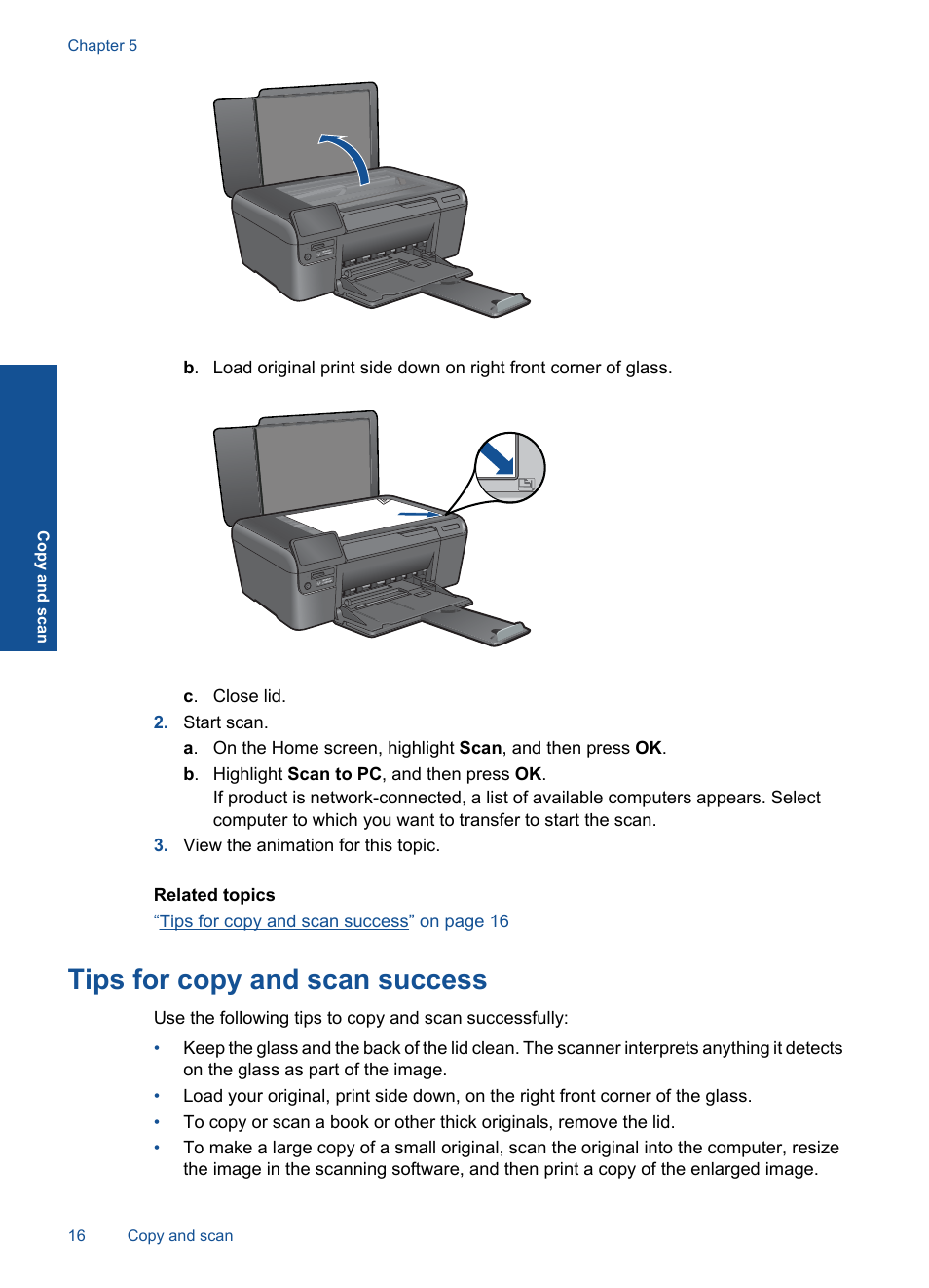 Tips for copy and scan success | HP Photosmart D110 User Manual | Page 19 / 52