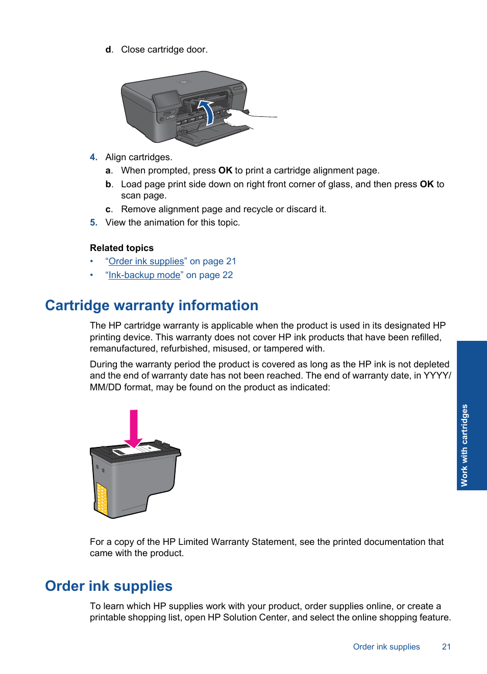 Cartridge warranty information, Order ink supplies, Cartridge warranty information order ink supplies | HP Photosmart D110 User Manual | Page 24 / 52