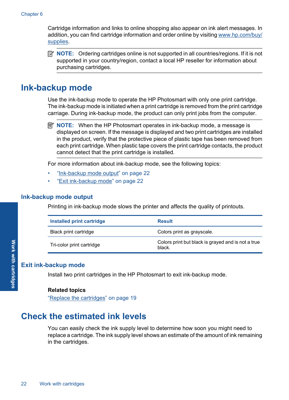 Ink-backup mode, Ink-backup mode output, Exit ink-backup mode | Check the estimated ink levels, Ink-backup mode check the estimated ink levels | HP Photosmart D110 User Manual | Page 25 / 52