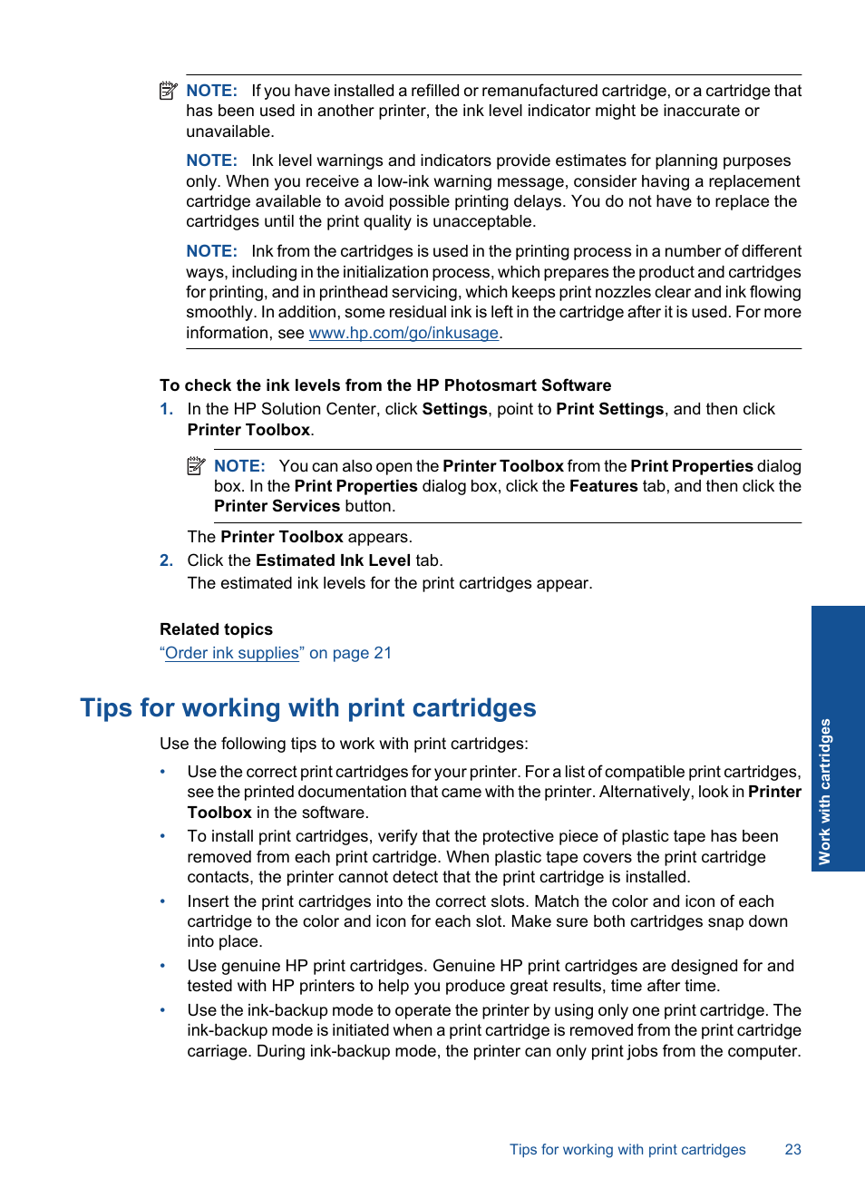 Tips for working with print cartridges | HP Photosmart D110 User Manual | Page 26 / 52