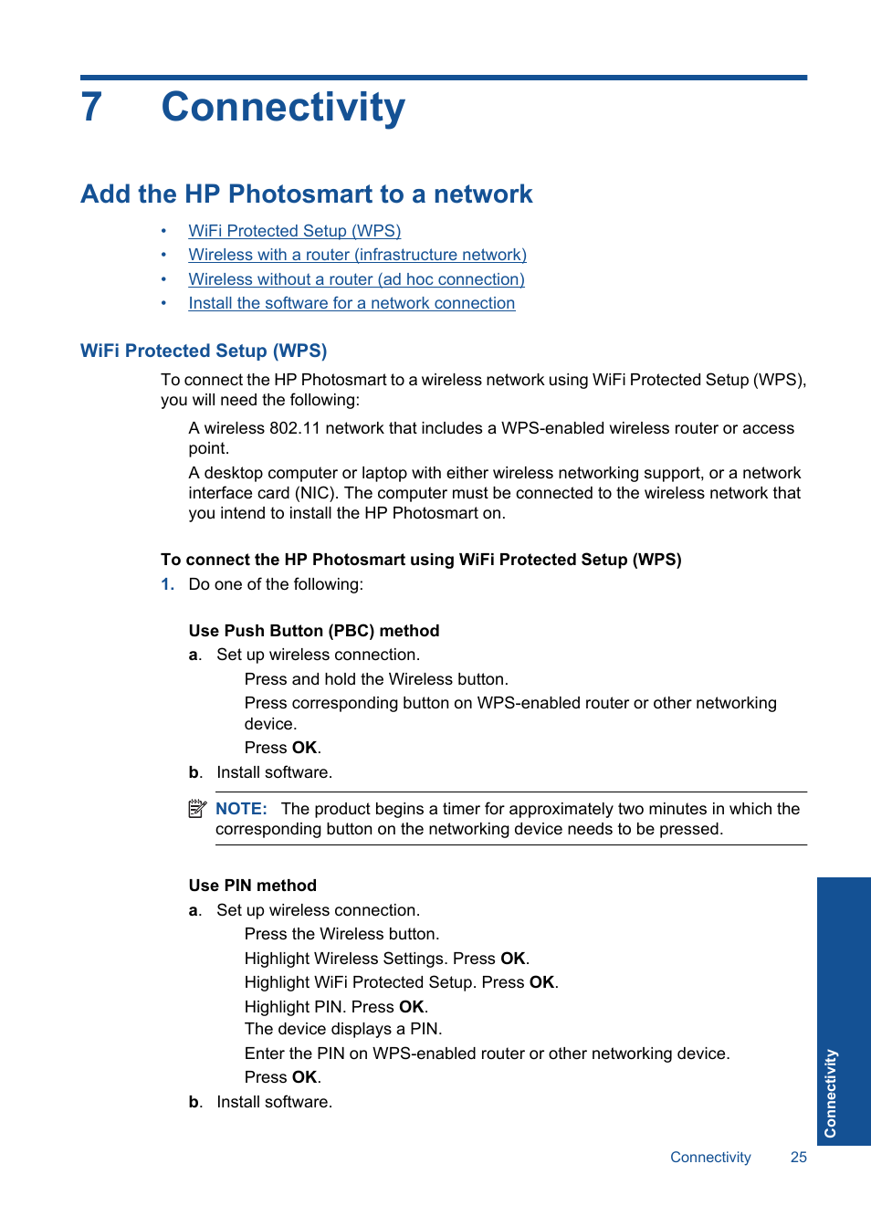 Connectivity, Add the hp photosmart to a network, Wifi protected setup (wps) | 7 connectivity, 7connectivity | HP Photosmart D110 User Manual | Page 28 / 52