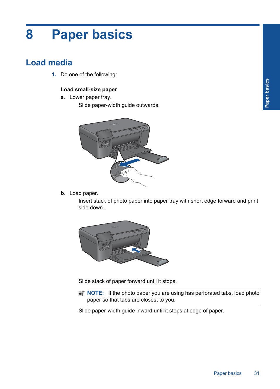 8paper basics, Load media | HP Photosmart D110 User Manual | Page 34 / 52