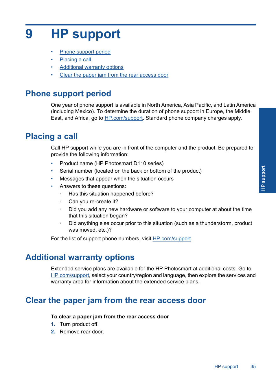 Hp support, Phone support period, Placing a call | Additional warranty options, Clear the paper jam from the rear access door, 9 hp support, 9hp support | HP Photosmart D110 User Manual | Page 38 / 52