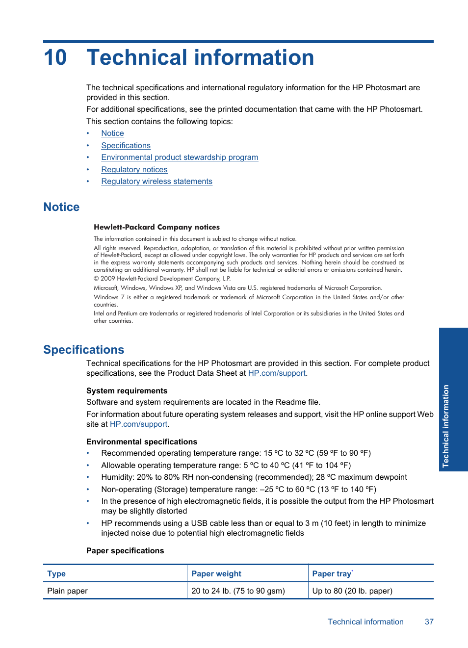 Technical information, Notice, Specifications | 10 technical information, Notice specifications | HP Photosmart D110 User Manual | Page 40 / 52