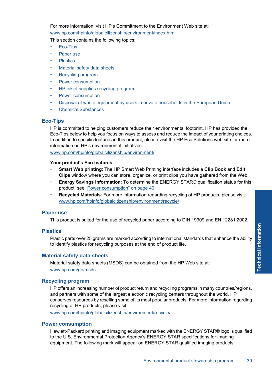 Eco-tips, Paper use, Plastics | Material safety data sheets, Recycling program, Power consumption | HP Photosmart D110 User Manual | Page 42 / 52