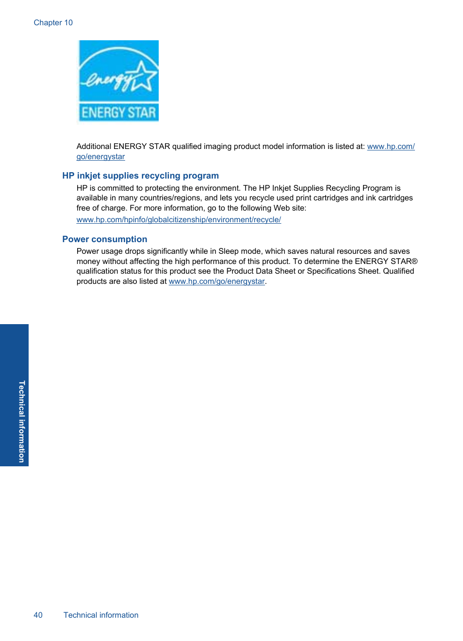 Hp inkjet supplies recycling program, Power consumption | HP Photosmart D110 User Manual | Page 43 / 52