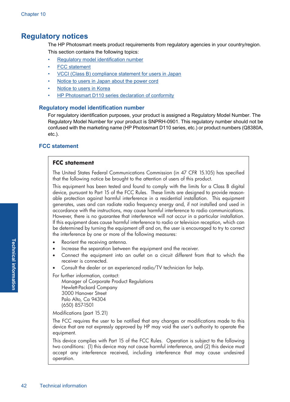 Regulatory notices, Regulatory model identification number, Fcc statement | HP Photosmart D110 User Manual | Page 45 / 52