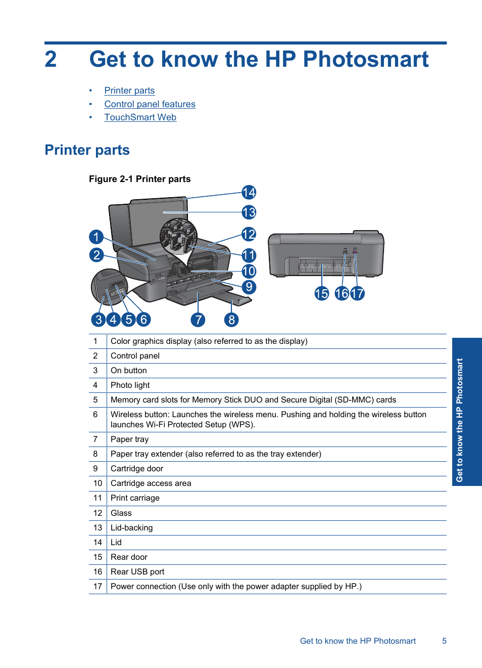 Get to know the hp photosmart, Printer parts, 2 get to know the hp photosmart | 2get to know the hp photosmart | HP Photosmart D110 User Manual | Page 8 / 52