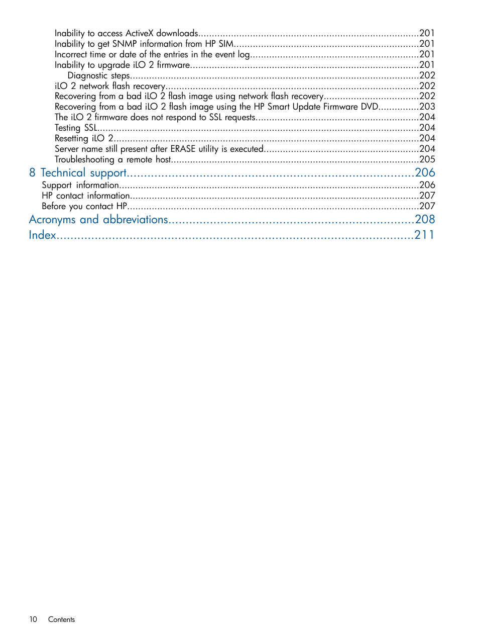 8 technical support, Acronyms and abbreviations index | HP Integrated Lights-Out 2 User Manual | Page 10 / 224