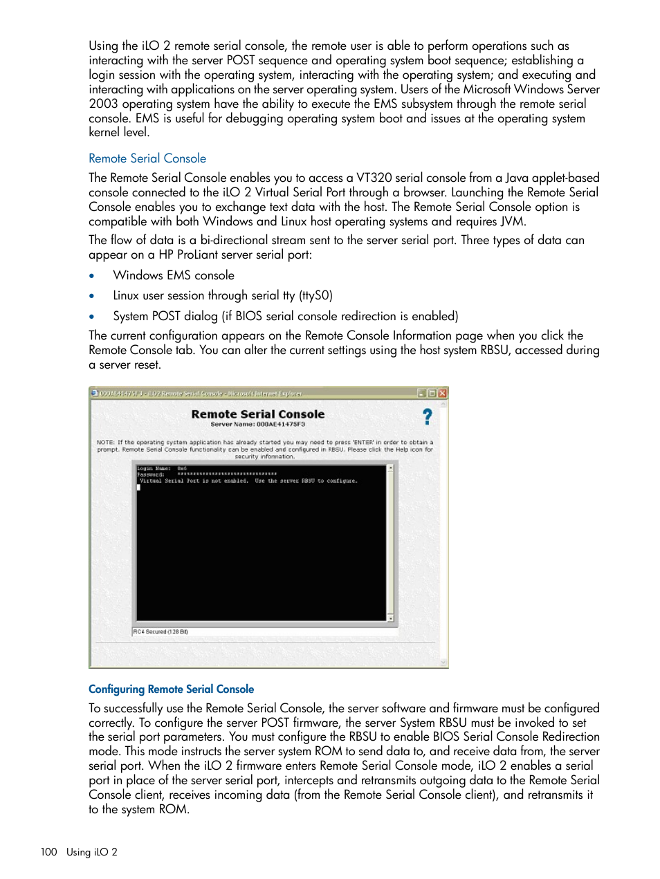 Remote serial console, Configuring remote serial console | HP Integrated Lights-Out 2 User Manual | Page 100 / 224