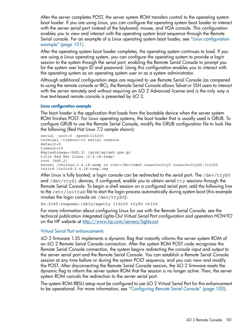 Linux configuration example, Virtual serial port enhancements | HP Integrated Lights-Out 2 User Manual | Page 101 / 224