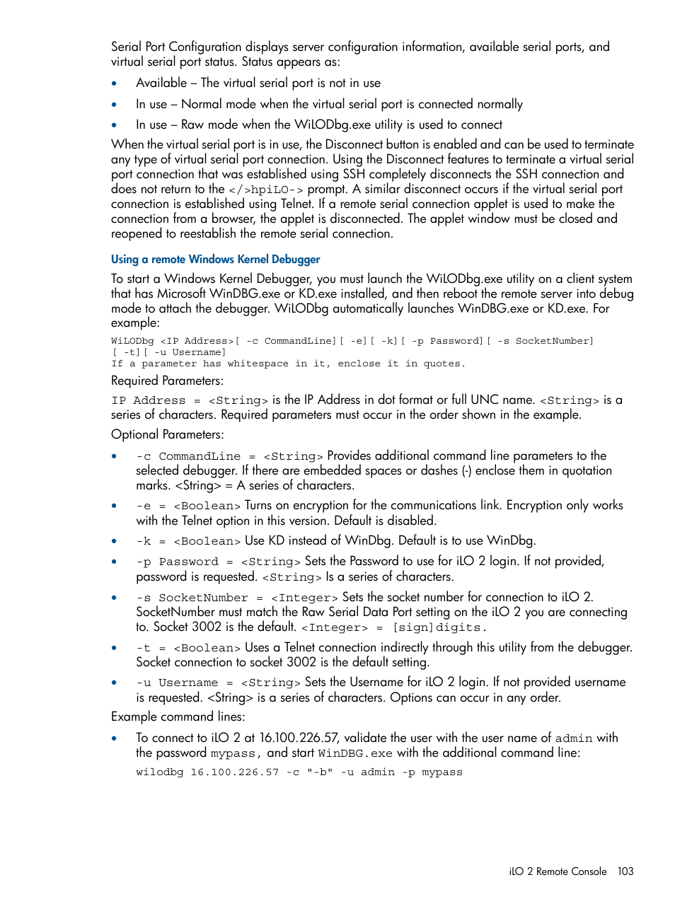 Using a remote windows kernel debugger | HP Integrated Lights-Out 2 User Manual | Page 103 / 224