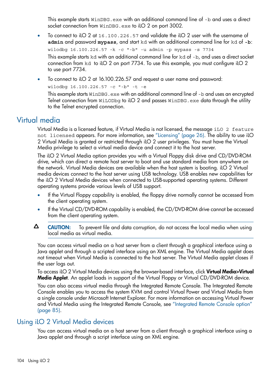 Virtual media, Using ilo 2 virtual media devices | HP Integrated Lights-Out 2 User Manual | Page 104 / 224