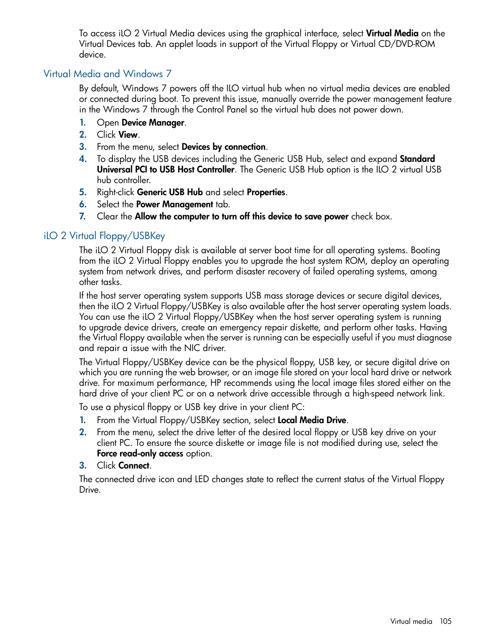 Virtual media and windows 7, Ilo 2 virtual floppy/usbkey | HP Integrated Lights-Out 2 User Manual | Page 105 / 224