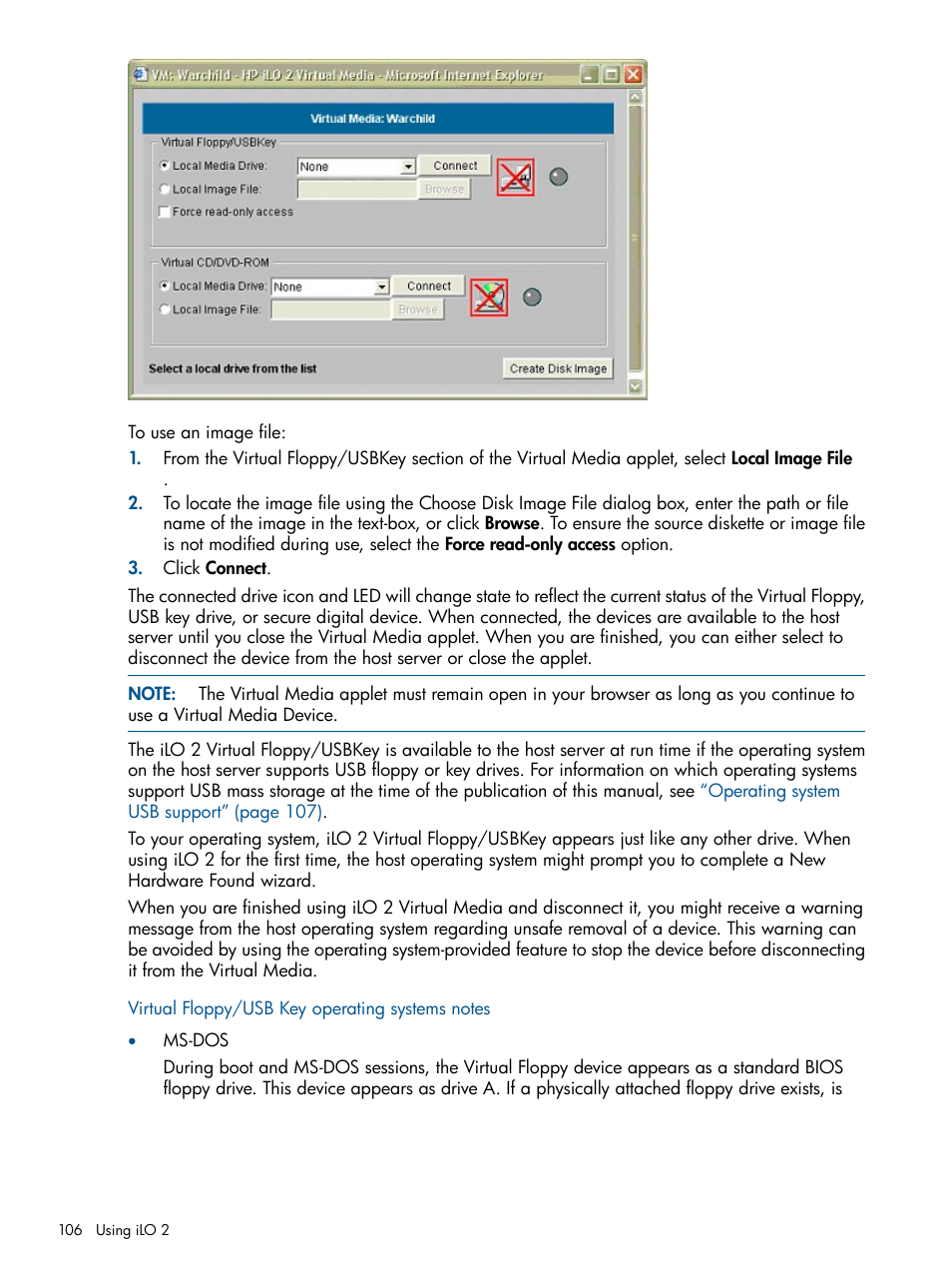 Virtual floppy/usb key operating systems notes | HP Integrated Lights-Out 2 User Manual | Page 106 / 224