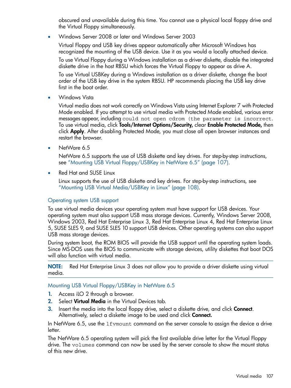 Operating system usb support, Mounting usb virtual floppy/usbkey in netware 6.5 | HP Integrated Lights-Out 2 User Manual | Page 107 / 224