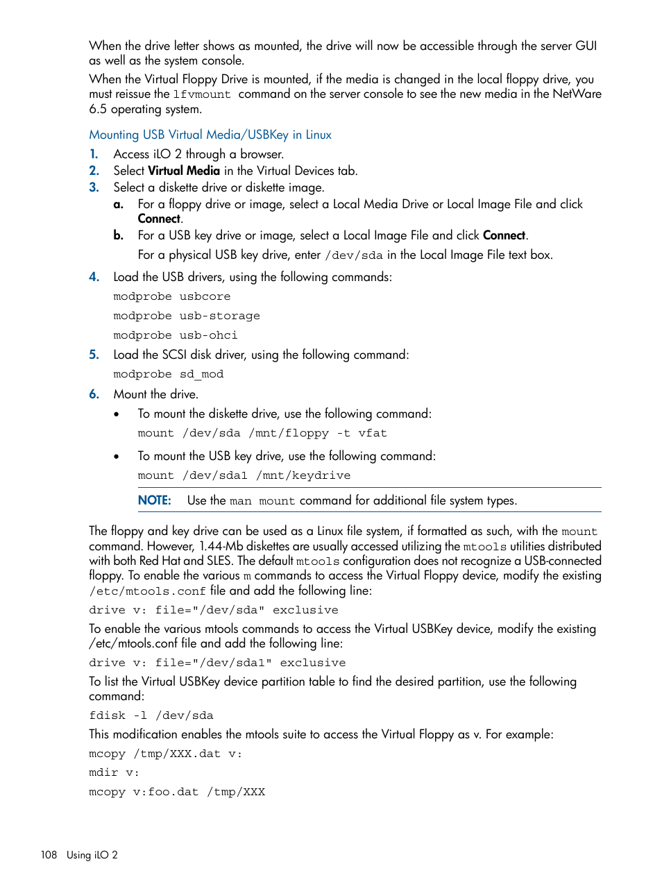 Mounting usb virtual media/usbkey in linux | HP Integrated Lights-Out 2 User Manual | Page 108 / 224