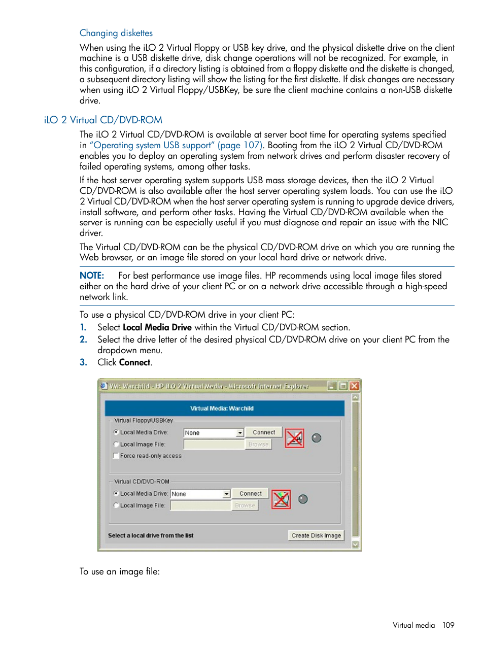 Changing diskettes, Ilo 2 virtual cd/dvd-rom | HP Integrated Lights-Out 2 User Manual | Page 109 / 224