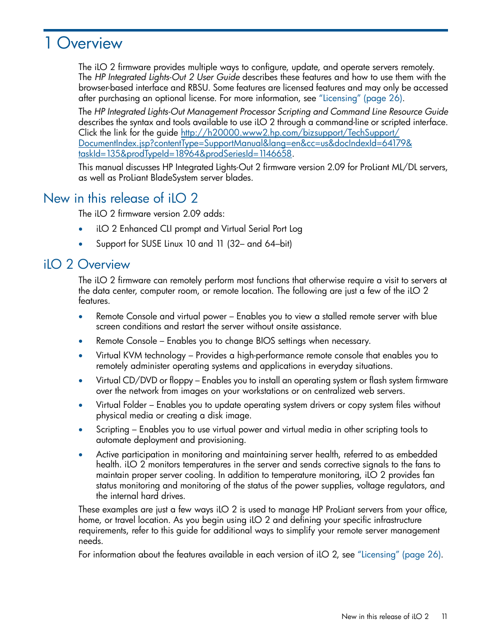 1 overview, New in this release of ilo 2, Ilo 2 overview | New in this release of ilo 2 ilo 2 overview | HP Integrated Lights-Out 2 User Manual | Page 11 / 224