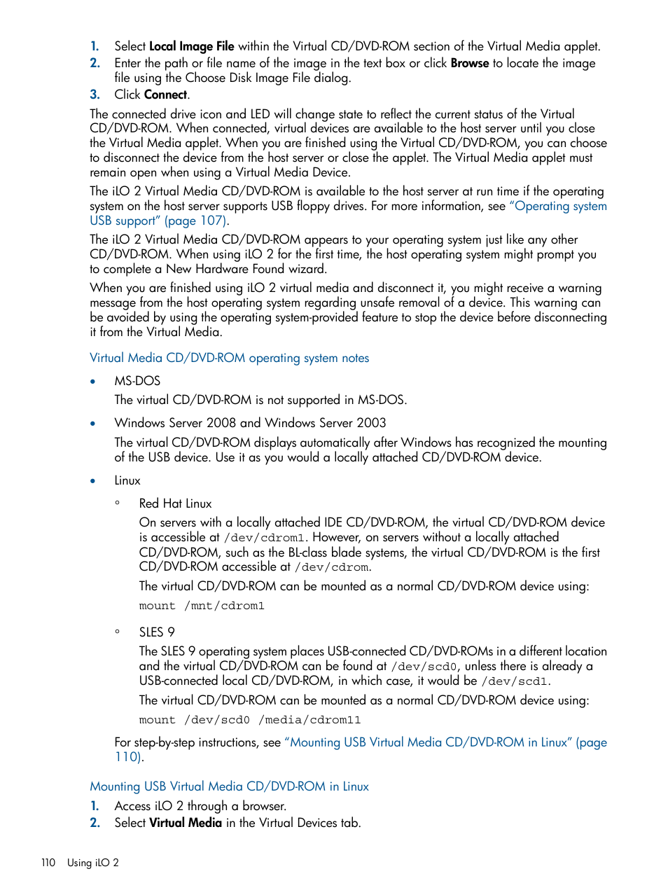 Virtual media cd/dvd-rom operating system notes, Mounting usb virtual media cd/dvd-rom in linux | HP Integrated Lights-Out 2 User Manual | Page 110 / 224